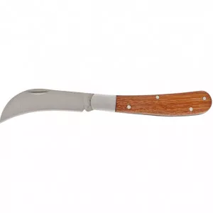 Összecsukható kerti kés, 170 mm, hajlított pengéjü, fából késyült nyéllel