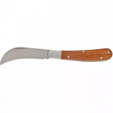 Összecsukható kerti kés, 170 mm, hajlított pengéjü, fából késyült nyéllel