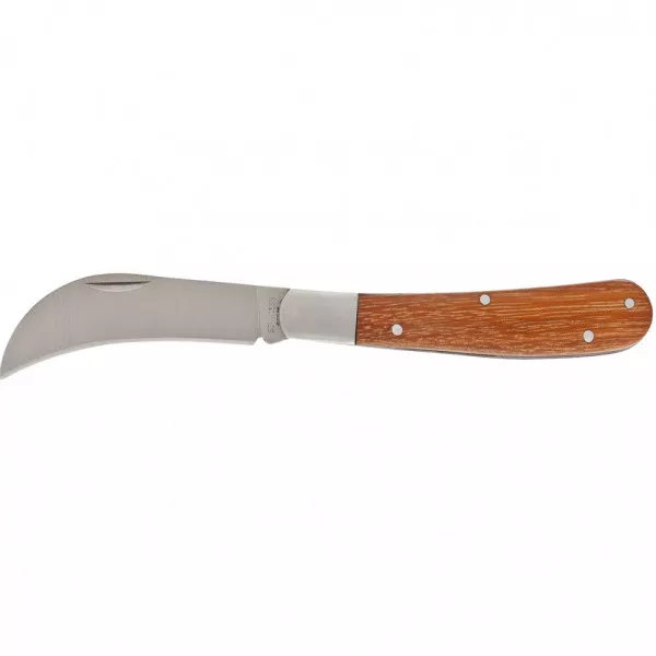 Összecsukható kerti kés, 170 mm, hajlított pengéjü, fából késyült nyéllel