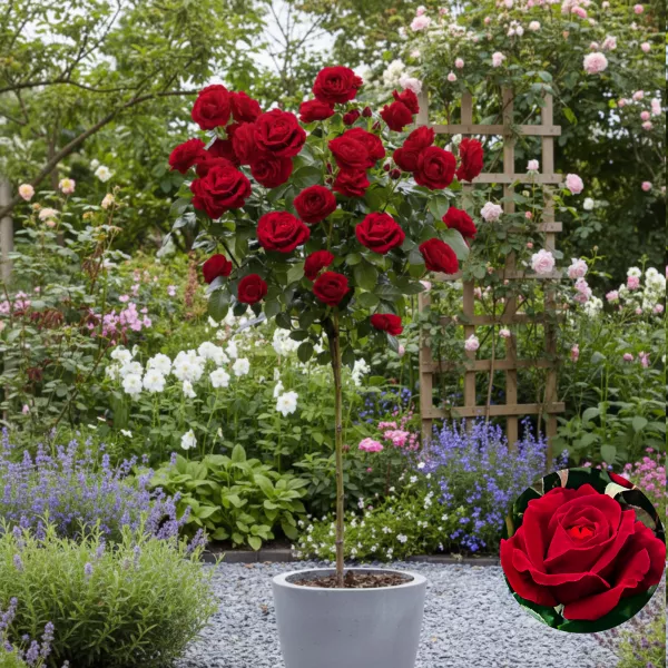 Magastörzsű rózsa Dame de Coeur 5L-es cserépben